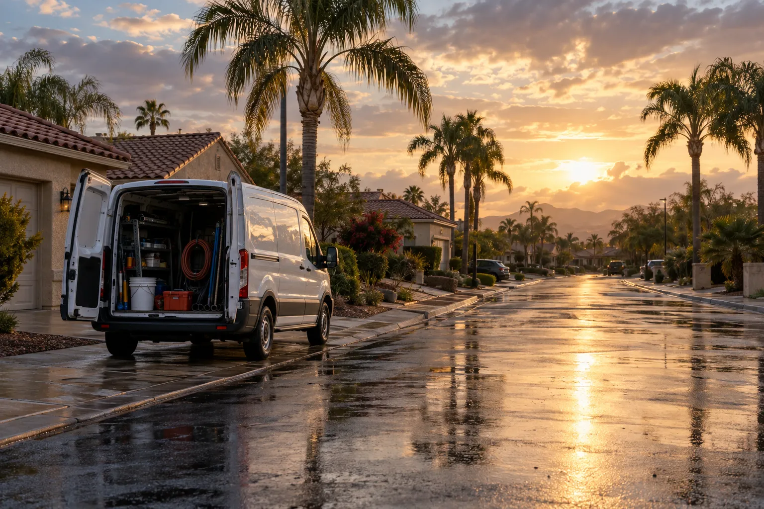 Neighborhood street with homes and palm trees across Orlando after a summer rain